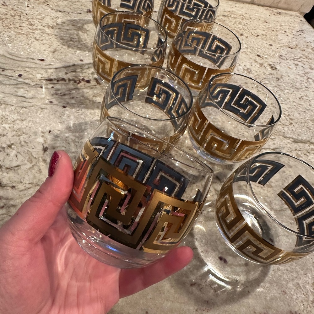 1960s Vintage MCM Culver 22K Gold Greek Key Roly Poly glasses set of 8✨
